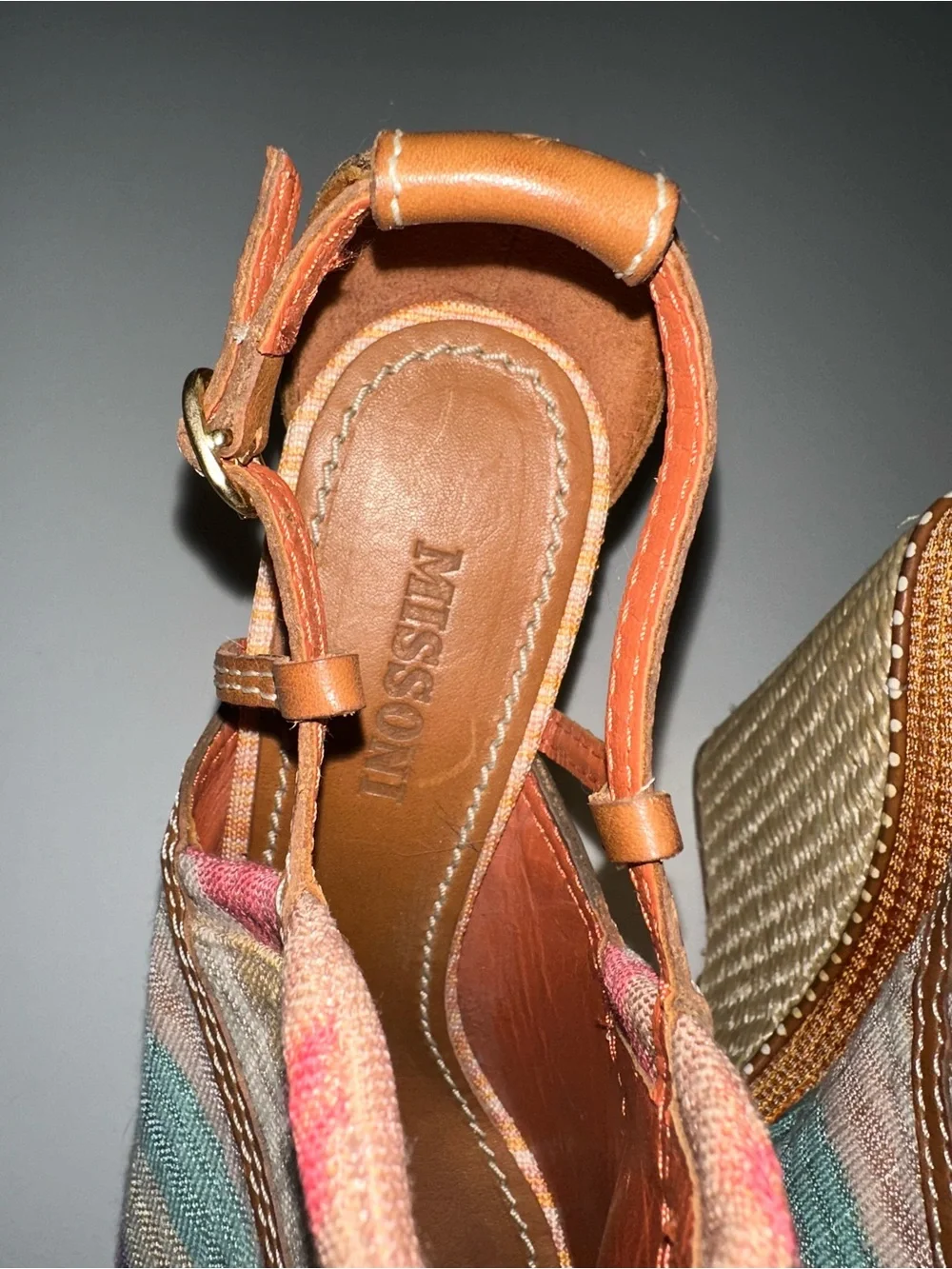 MISSONI 70s style 6” striped fabric leather raffia platform wedge boho sandals